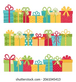 Set of rows of colorful gift boxes. Gifts for holidays. Vector illustration