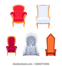 Set of royal armchairs or thrones cartoon style, vector illustration isolated on white background. Antique and medieval empty chairs collection, classic style objects of furniture