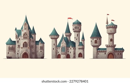 Set of royal castles. Cartoon castles. Vector flat illustration