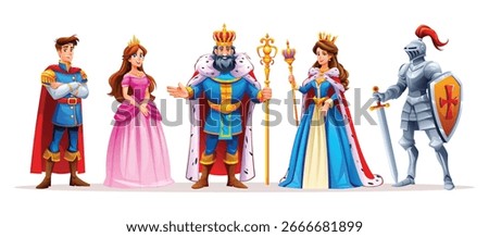Set of royal characters including king, queen, prince, princess, and a knight with a shield. Vector cartoon illustration