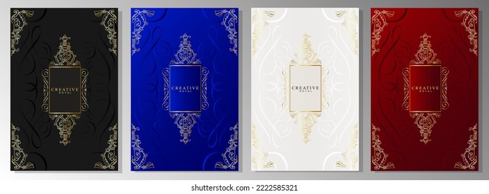 Set of Royal covers. Golden baroque decorations on a black, blue, platinum and red background. Victorian design for invitations, presentations, brochures and vouchers