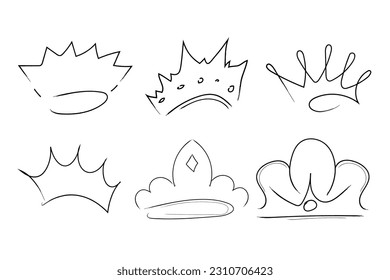 Set Royal Crown, queen or princess diaden, tiara head, King en estilo doodle, línea dibujada a mano aislada en fondo blanco