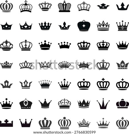 set of royal crown silhouettes and black imperial headwear icons for heraldic logo design and luxury branding elements