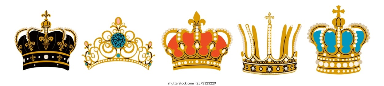 Set of royal crowns different colors and shapes. Vector flat illustrations isolated on white background