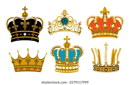 Set of royal crowns different colors and shapes. Vector hand drawn flat illustrations isolated on white background
