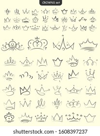 Set of royal crowns in Doodle style in vector format. Block elements isolated on light background. Royal imperial coronation symbols, monarch, majestic tiara gemstone, hand-drawn crowns, illustration.