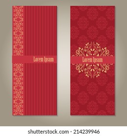 Set of royal deep red and beige gold banners with pattern, border and sample text. empty blank template isolated on grey gradient background with shadows. vector illustration