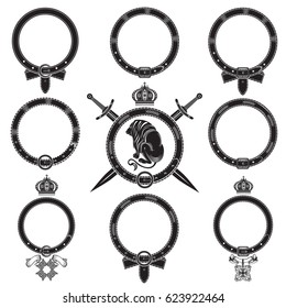 Set of royal elements from different round belts. Heraldic vintage label on white