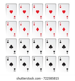 Set of royal flushes isolated on white background, hearts, clubs, diamonds and spades, casino playing cards