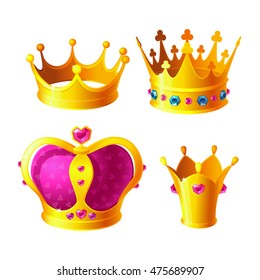 Set of royal gold crowns with gems isolated on white. Royals king, queen, princess crown.Vector elements for logo, label, game, an app design. Games design element, application store asset