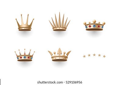 Set of royal gold crowns icons. Isolated luxury elements for branding, label, game, hotel, graphic design. Collection crowns for royal persons, king, queen, princess. Illustration