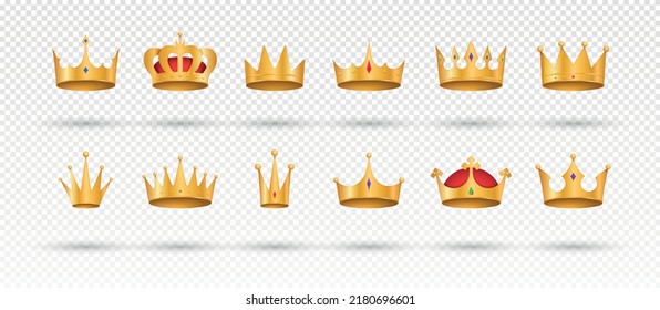 Set of royal golden crowns. Tiaras for king and queen, tiara for prince and princess. Design elements for logos and games. Copy space. Realistic 3D vector collection isolated on transparent background