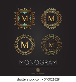 Set of Royal golden linear modern monogram,  logo vector template. Hotel logo. Kings symbol. 