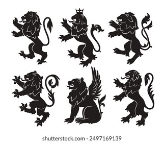 Conjunto de leones heráldicos reales. Silueta negra de león rampante y grifos para logo o escudo de armas. Símbolos de la cresta de animales salvajes de Premium. Colección de Ilustración vectorial plana aislada sobre fondo blanco