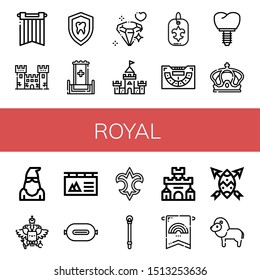 Set of royal icons such as Banner, Fortress, Shield, Throne, Diamond, Castle, Fleur de lis, Baccarat, Crown, Executioner, Coat of arms, P t, Sceptre, Lion , royal