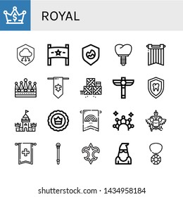 Set of royal icons such as Crown, Shield, Banner, Fleur de lis, Defense, Scepter, Castle, Coat of arms, Sceptre, Executioner, Gem , royal