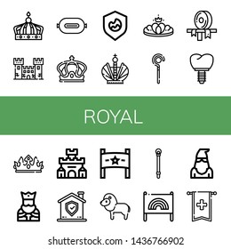 Set of royal icons such as Crown, Fortress, P t, Shield, Sceptre, Ribbon, King, Banner, Lion, Executioner , royal