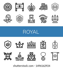 Set of royal icons such as Crown, Ribbon, Banner, Shield, Throne, Defense, Eye of ra, Candelabra, Castle, Fortress, Vip, Gem, Fleur de lis , royal