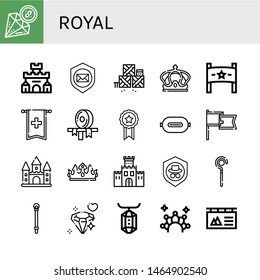 Set of royal icons such as Diamond, Fortress, Shield, Defense, Crown, Banner, Ribbon, P t, Castle, Fortification, Sceptre, Gem , royal