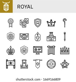 Set of royal icons. Such as Gem, Ribbon, Playing cards, Shield, Crown, Sceptre, Baccarat, Fleur de lis, Fortification, Banner, Throne, Coat of arms , royal icons