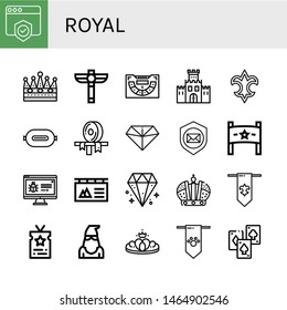 Set of royal icons such as Shield, Crown, Scepter, Baccarat, Fortification, Fleur de lis, P t, Ribbon, Diamond, Banner, Vip, Executioner, Playing cards , royal