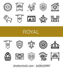 Set of royal icons. Such as Shield, Lion, Banner, Diamond, Coat of arms, Fortress, Fleur de lis, Princess, Baccarat, Crown, Eye of ra , royal icons