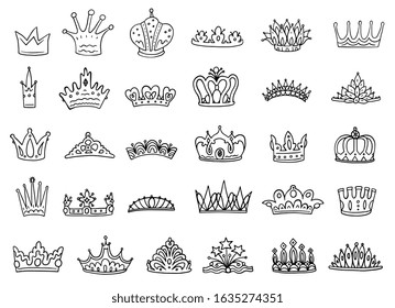Set of royal jewelry crowns - black outline vector sketch illustration isolated on white background. Kings and queens diadems icons or symbols collection.