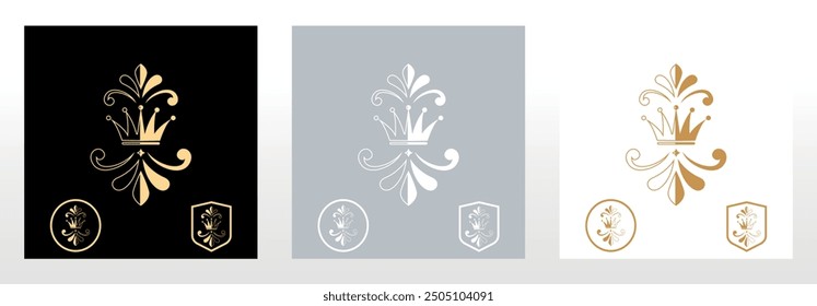 Set royal of lily, crowns , . Heraldic sign, logo, design element, decoration. Graphic vector pattern