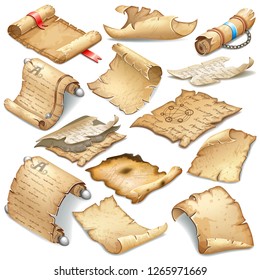 Set royal old parchments and scrolls decorated ribbon, silver elements  and leather beltn. Ancient rice paper for message. Isolated isometric 3d vector illustration for computer games and books design
