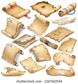 Coloca los viejos pergaminos reales y rollos decorados con cintas, elementos plateados y correa de cuero. Antiguo papel de arroz para el mensaje. Ilustración isométrica 3d vectorial aislada para juegos de ordenador y diseño de libros