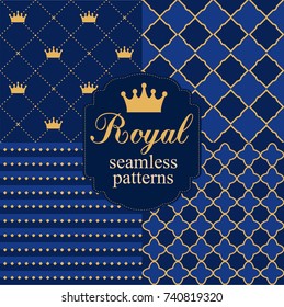 Set Of Royal Seamless Vector Patterns With Crowns. Can Be Used For Prince Party Invitation . Navy Blue And Gold. 