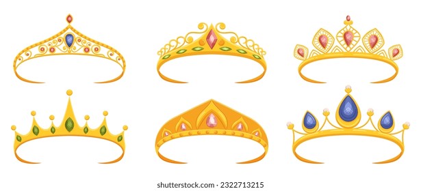 Set of Of Royal Tiaras, Adorned With Precious Gemstones, Symbolizing Elegance And Luxury, Are Fit For Queens And Princesses, Radiating Timeless Beauty And Regal Charm. Cartoon Vector Illustration