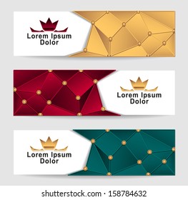 Set Royal Triangle banners gold red dark green colors with crown for advertising different something