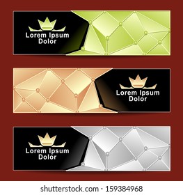 Set Royal Triangle banners gold silver light green colors with crown for advertising