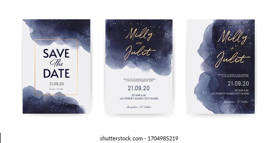 Set of royal-blue Watercolor style Wedding cards, invitation template. Starry night with drops of stars.