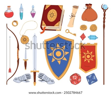A set of RPG game items. Fantasy equipment of knights mages archers. A fabulous medieval world. Vector illustration