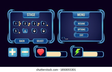 Set of RPG game ui board pop up interface with level selection menu, main screen, bar and icon for gui asset elements vector illustration