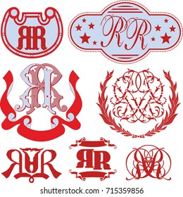 Set of RR monograms and decorative emblem templates with two letters. Vector collection