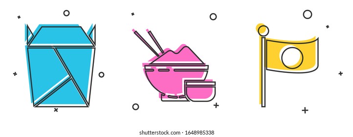 Set Restaurant geöffnet Ausnehmen Box gefüllt, Reis in einer Schüssel mit Chopstick und National Flag von Japan auf Pole Icon. Vektorillustration