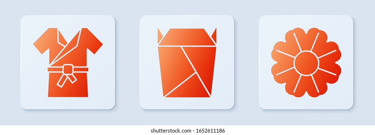 Set Rstaurant opened take out box filled, Japanese costume Kimono and Flower. White square button. Vector