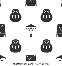 Set Rstaurant opened take out box filled, Japanese umbrella from the sun and Maneki neko cat on seamless pattern. Vector