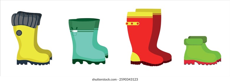 Set of rubber boots in cartoon style. Vector illustration yellow, emerald, red, green insulated boots with non-slip soles isolated on white background. Demi-season shoes.Shoes for adults and children.