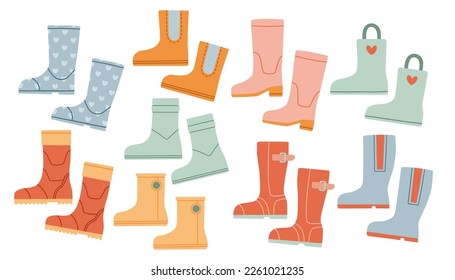 Set of rubber boots, different colors and shapes. Vector isolated on a white background.