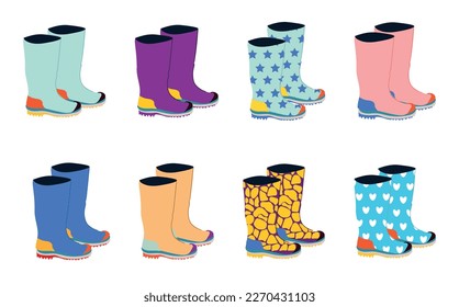 Set of rubber boots, different colors . Vector isolated on a white background.	