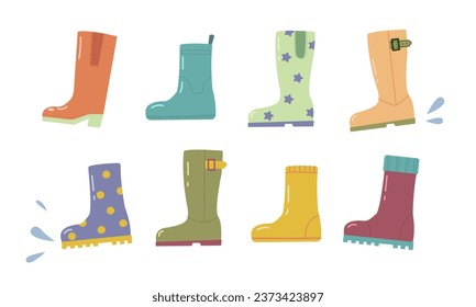 Set of rubber boots, different colors and shapes in flat style . Vector illustration isolated on a white background for different design uses.	