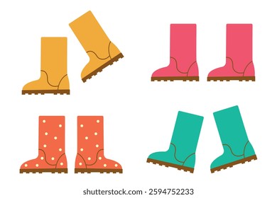 Set of rubber boots of different colors. Vector illustration in flat style.