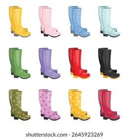 Conjunto de botas de borracha de cores diferentes em padrões. Botas de jardim de borracha de vetor bonito no fundo isolado branco.