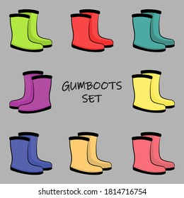 Set of rubber boots in different colours. Waterproof footwear for seasonal design in flat style. Isolated vector illustration of gumboots for protection against water and puddles.