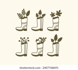 conjunto de zapatos de botas de goma combinación con hojas árboles diseño vectorial colección de elementos aislados