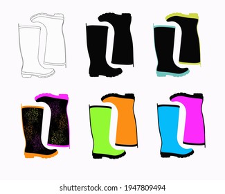Set of rubber boots, shoes vector   collection, shoe lineart icon, shoe illustration for branding design element.